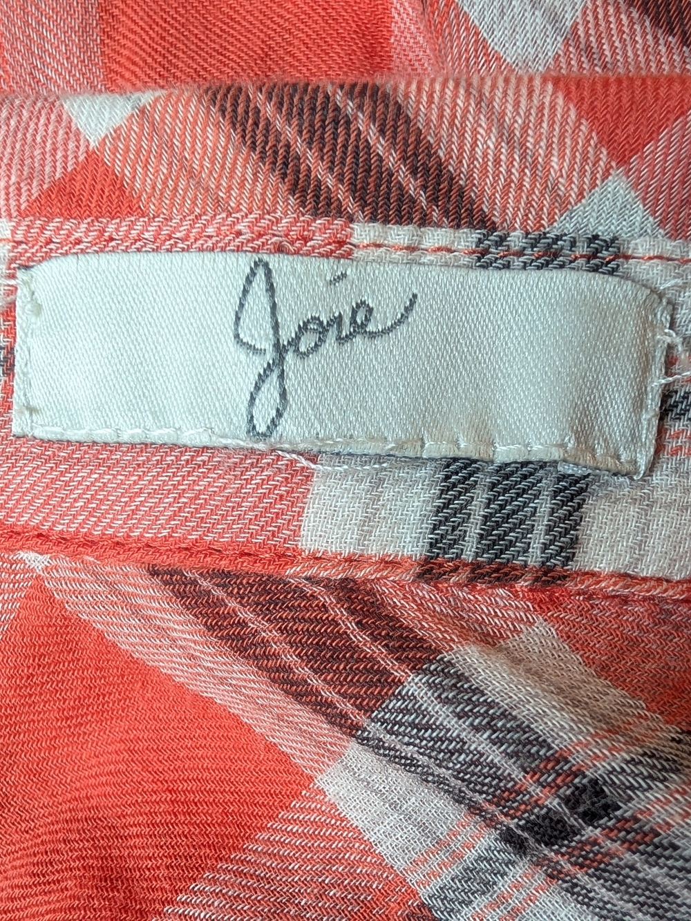 Joie Coral and White Plaid Button Down Top Small S Long Sleeves Casual Bright - Picture 5 of 10